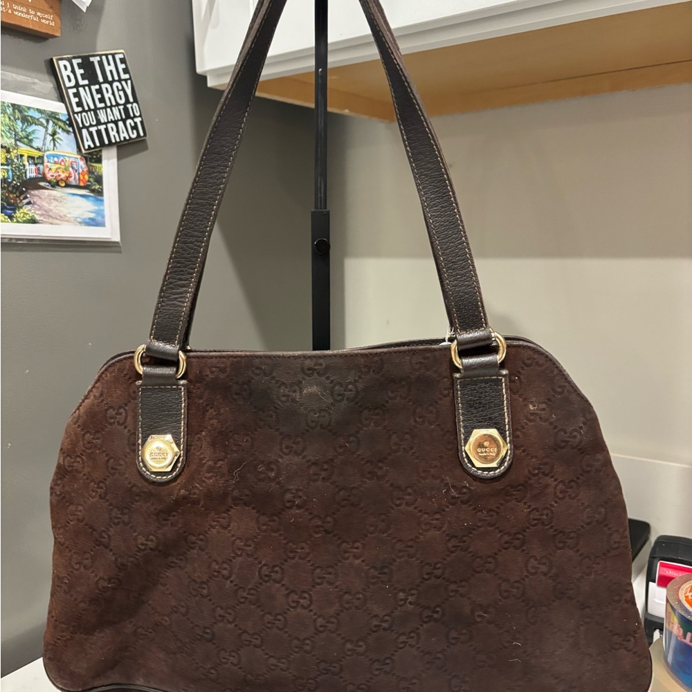 Gucci Brown Suede Shoulder Bag with Gold-Tone Accents - Picture 2 of 7